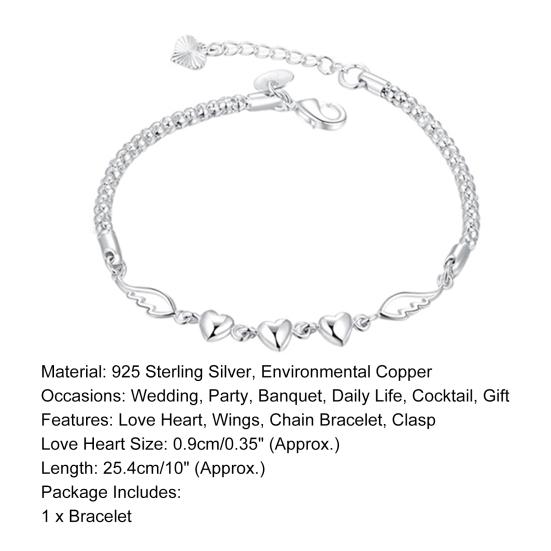Ladies Chain Bracelet Adjustable Allergic Free Alloy Bracelet Heart Charm Bracelet with Wing Female Jewelry Gift for Wife Girlfriend