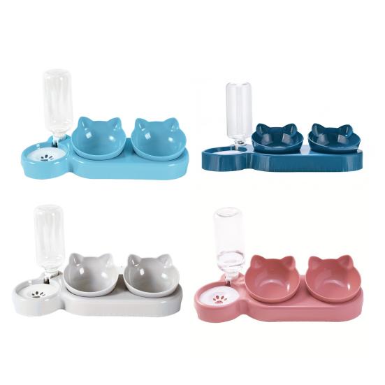 Double Pet Food Bowl And Water Bottle Set 3-in-1 Detachable Tilted Cat Dog Feeder Bowl with Automatic Water Dispenser for Small Medium Dogs Cats