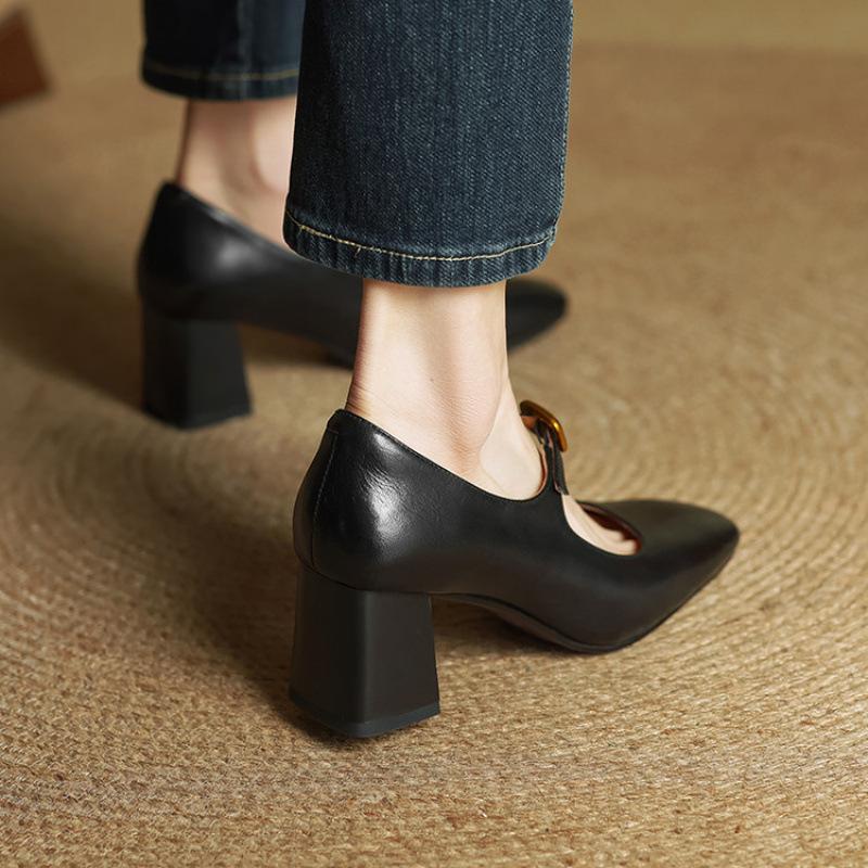 Casual Fashion Single Shoes Women's New Comfortable Large Size Small Leather Shoes Square Head High Heel Beef Tendon Soft Sole Low Top Thick Heel Le