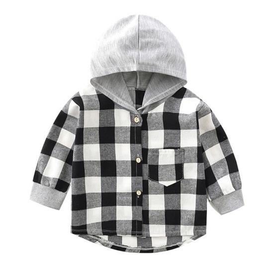 Kids Plaid Hooded Shirt Spring Fall Chest Pocket Button Closure Loose Causal Boys Girls Toddlers Children Long Sleeves Top Jacket