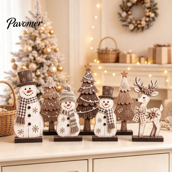Handcrafted Holiday Gift Ideas 7Pcs Christmas Wooden Tabletop Ornaments, Snowman Tree Reindeer Tiered Tray Table Centerpieces Decor for Mantel, Rustic