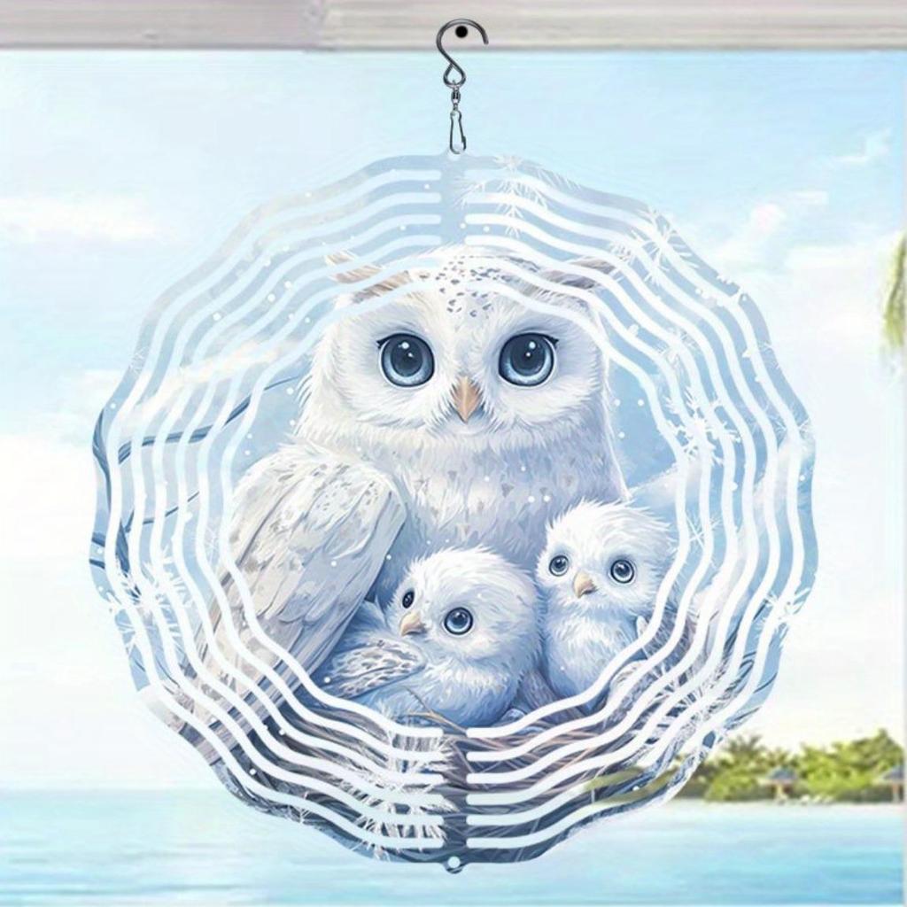 2D Mandala Wind Chime with Owl Family Pattern Metal Windmill Dynamic Sculpture for Garden Courtyard Hanging Decor Durable Outdoor