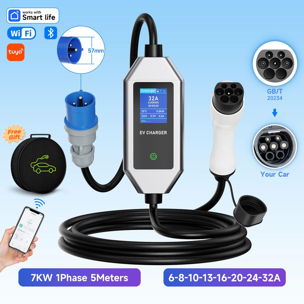 Portable EV Charger 7KW Fast Charging Cable Type2 IEC62196-2 32A with CEE Plug Type1 J1772 WiFi APP Bluetooth Remote Control