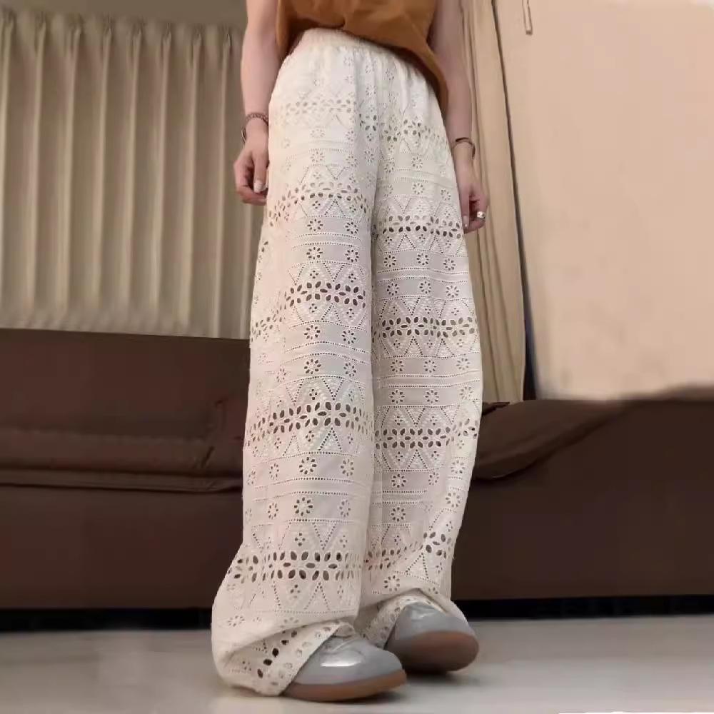 Plus Size Women's High Waist Lace Wide Leg Pants - Summer Thin, Hollow Out, Loose, Slimming, Casual Straight Leg Design