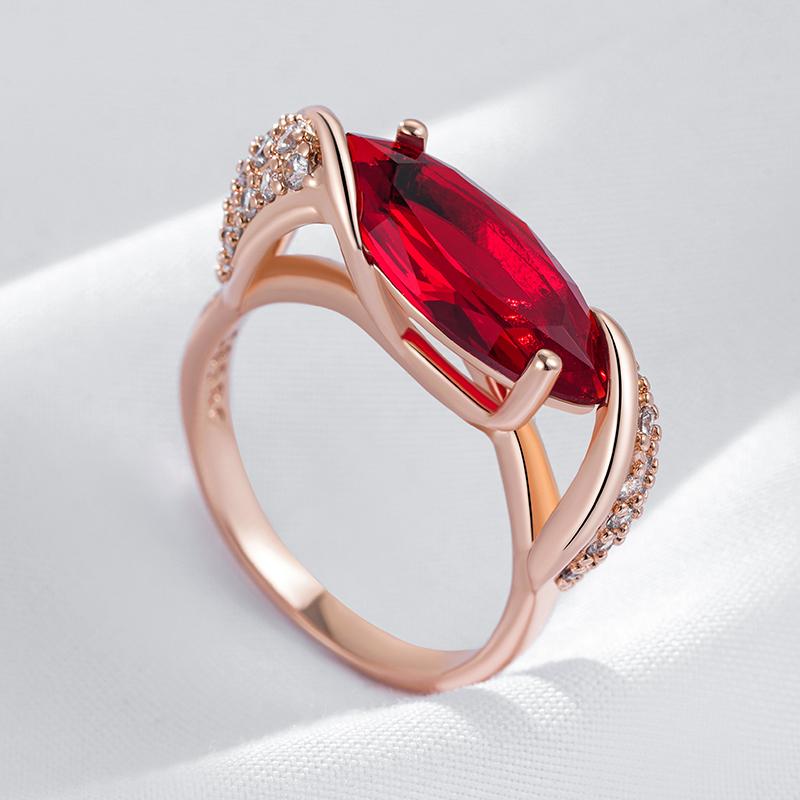 Rhombus Red Natural Zircon Ethnic Bride Ring Rose Gold Color High Quality Daily Fine Vintage Jewelry For Women