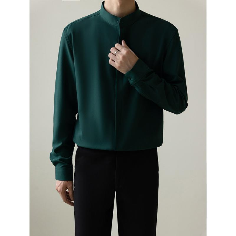 

Men s Slim Fit Stand Collar Long Sleeve Shirt - Smooth Casual Business Top for Daily Wear 3XL зелений