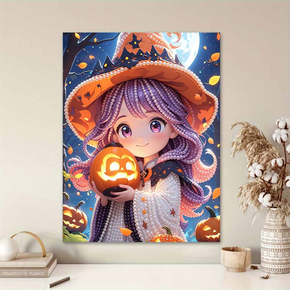 DIY Pearl Painting Canvas Witch Halloween Design Frameless 3D Bead Art Relaxing Craft for Living Room Decor