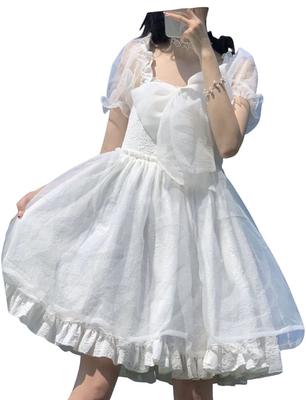 Lady Lazy Lolita Gothic Lolita Short Sleeve Chiffon Dress with Above the Cosplay Ribbon, Knee, (Size L, White)