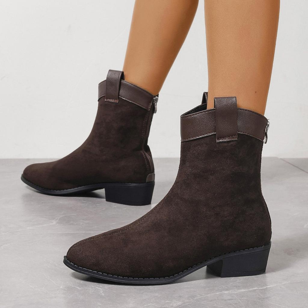 Large Size Soft Fur Vintage Western Cowboy Boots Women's Coarse Heel Short Boots Autumn and Winter Frosted Pointed Chelsea Boots