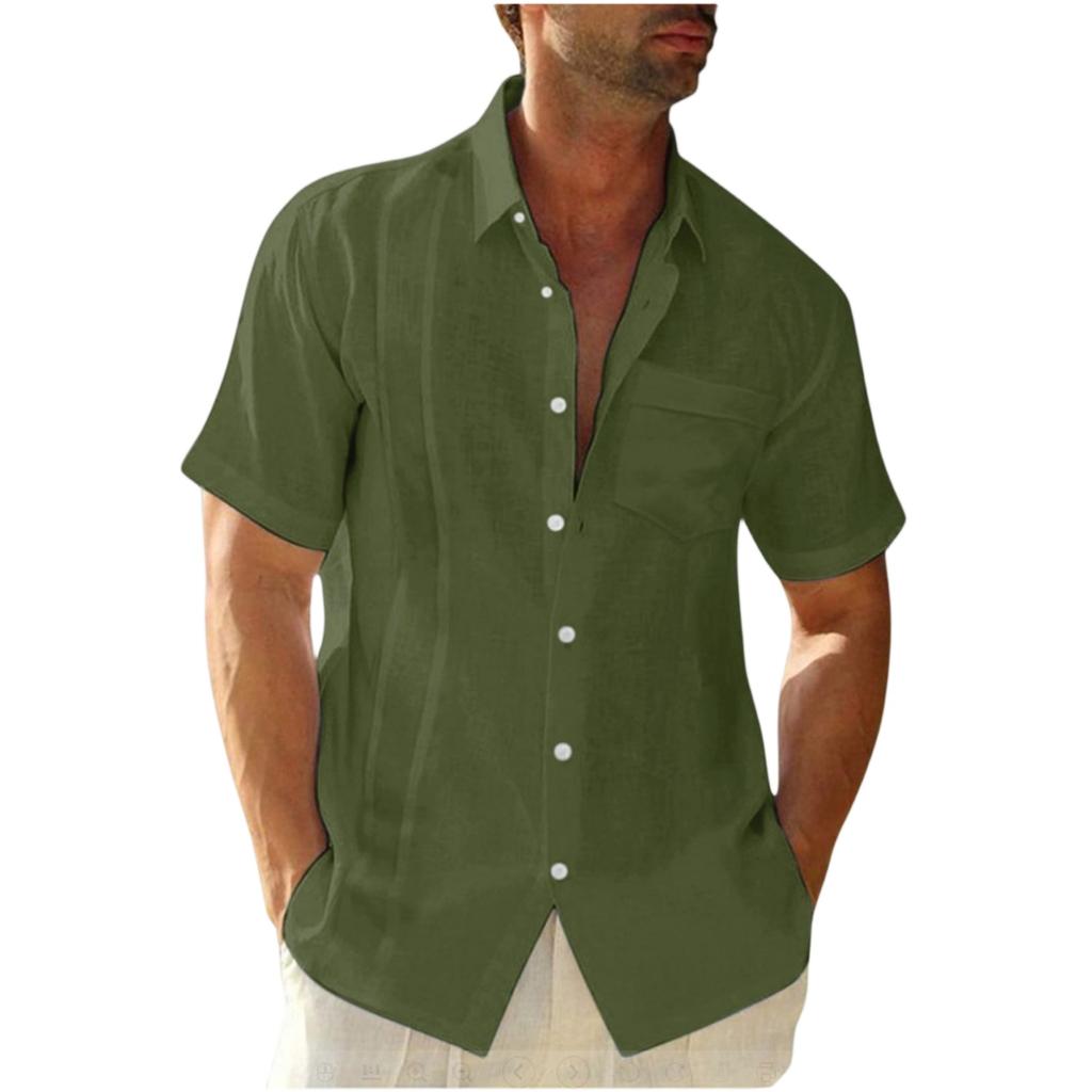 Men's Casual And Fashionable -color Lapel Button Cardigan, Cotton And Linen Men's Short-sleeved Top