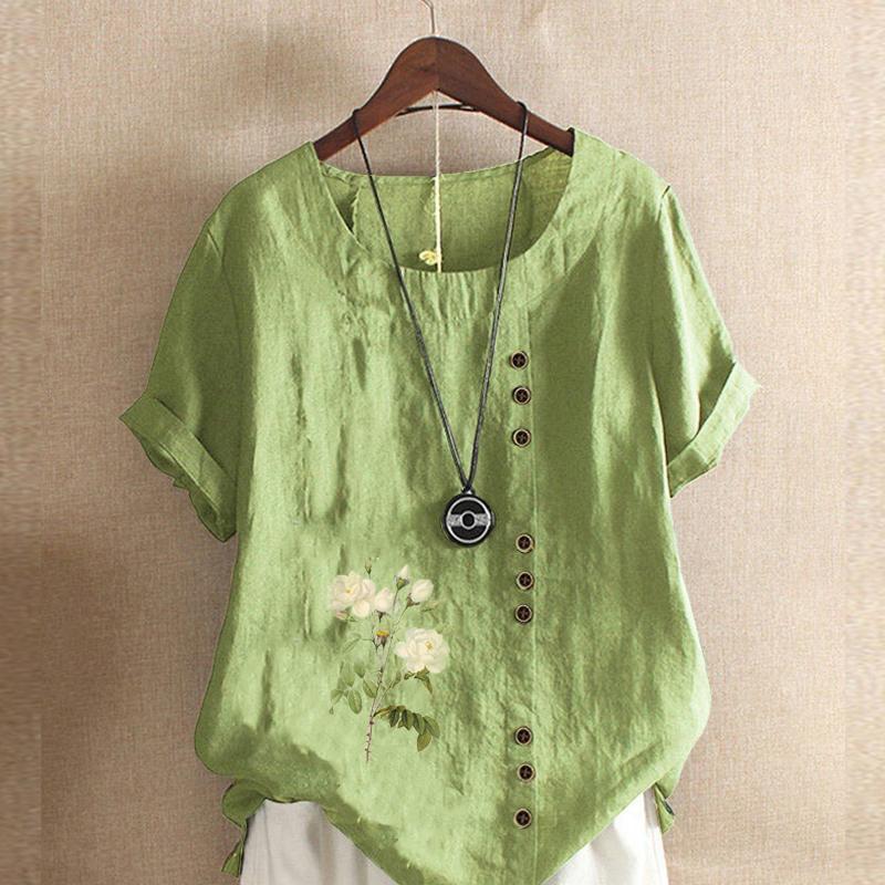 

Женская модная футболка с круглым вырезом и коротким рукавом с принтом роз, повседневная рубашка из хлопка и льна с рисунком, свободная летняя блузка для отдыха, топы 5XL зелёный