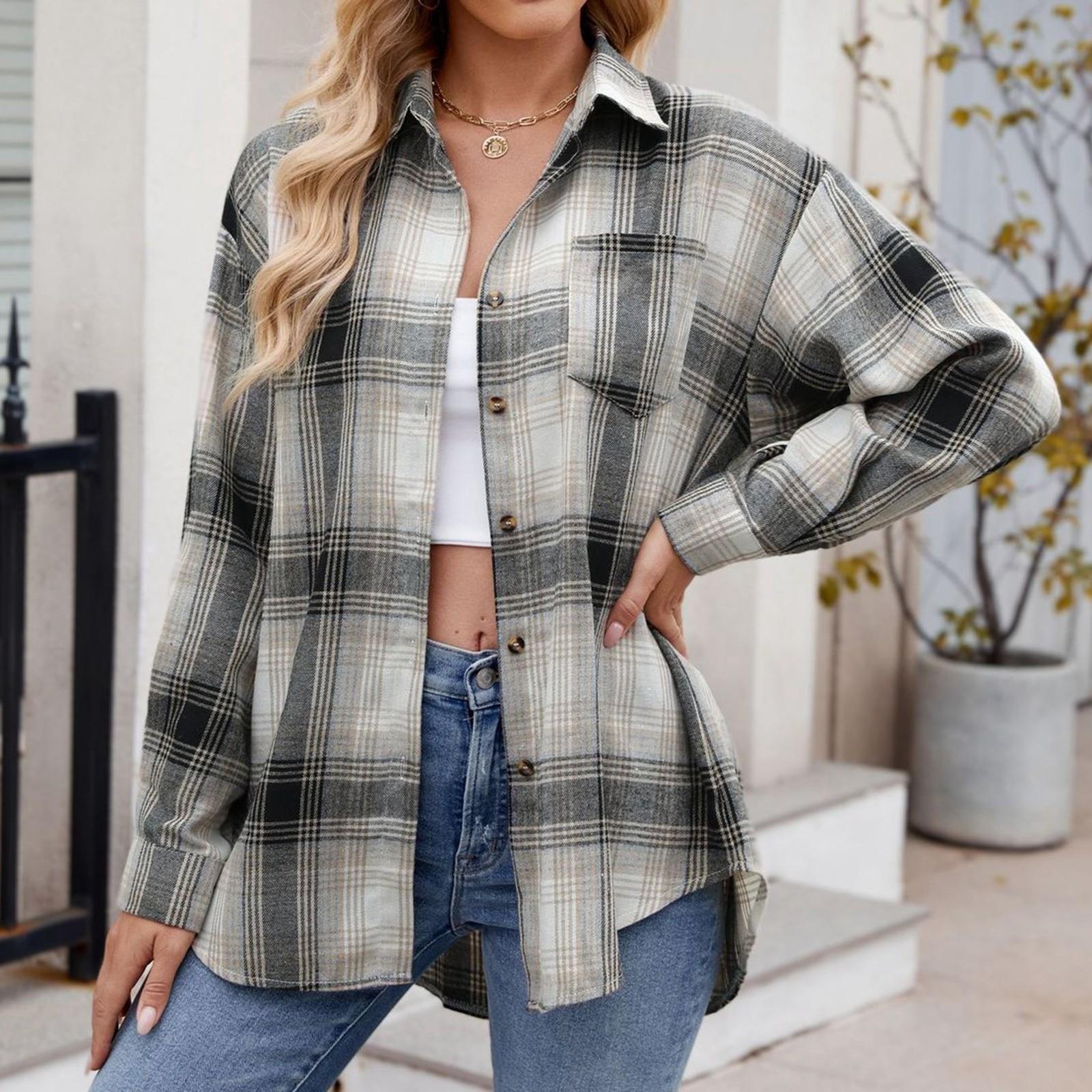 

Женская модная широкая клетчатая куртка-рубашка с длинными рукавами и карманами на пуговицах XXL