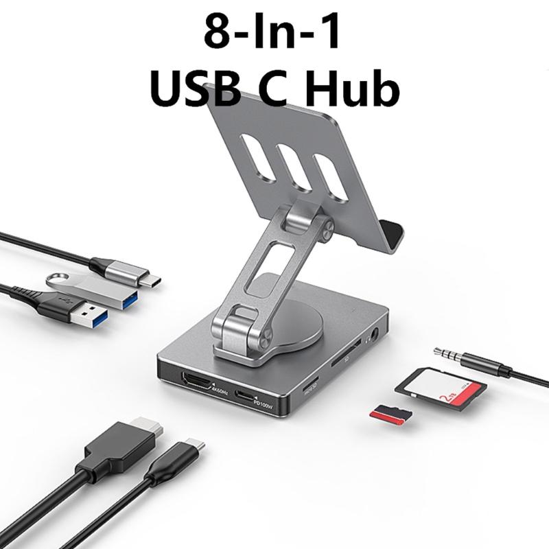 Rotating Aluminum Phone Hub 8 in 1 USB C Docking Station 5Gbps 100W PD Charging Foldable Stand for Multiple Devices