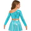 Girls Jazz Dance One Shoulder Long Sleeve Sequins Top Performance Competition Costume
