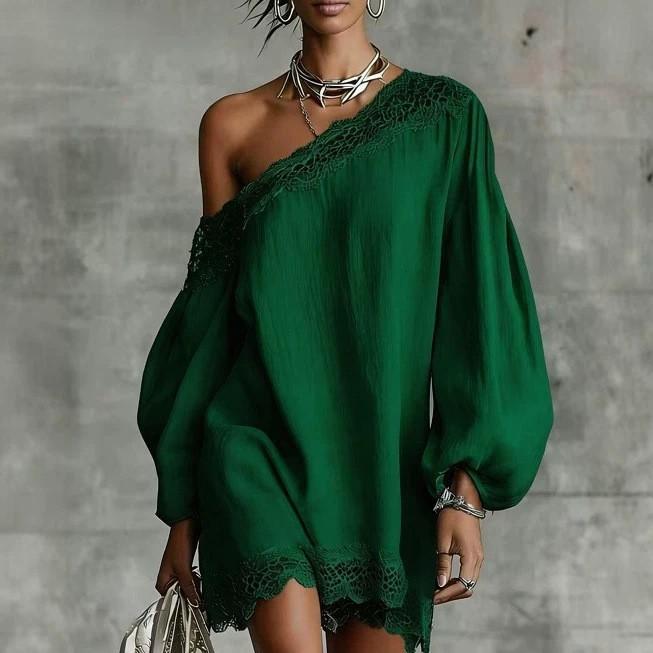 Elegant Lace Trim Mini Dress for Women Off Shoulder Long Puff Sleeves Fashion Date Night Evening Short Dresses Vestidos