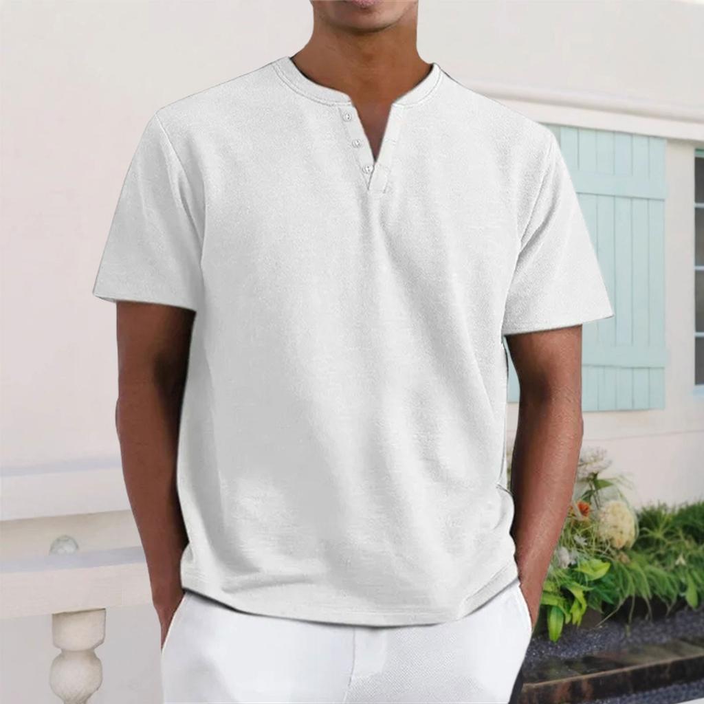 Men's Casual V-Neck Short-Sleeve Shirt - Cotton Solid Color, Breathable Button-Up Top