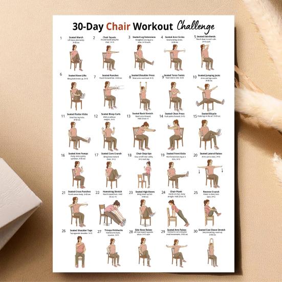 2Pcs Chair Yoga Poster Set, 30 Day Seated Exercise Chart for Seniors, Gentle Stretching Workout Guide for Elderly, Strength Training Wall Art