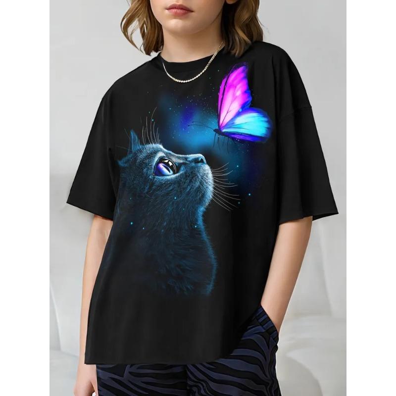 

Летний топ с круглым вырезом и 3D-принтом кошки, модная повседневная футболка с коротким рукавом для детей, девочек 170