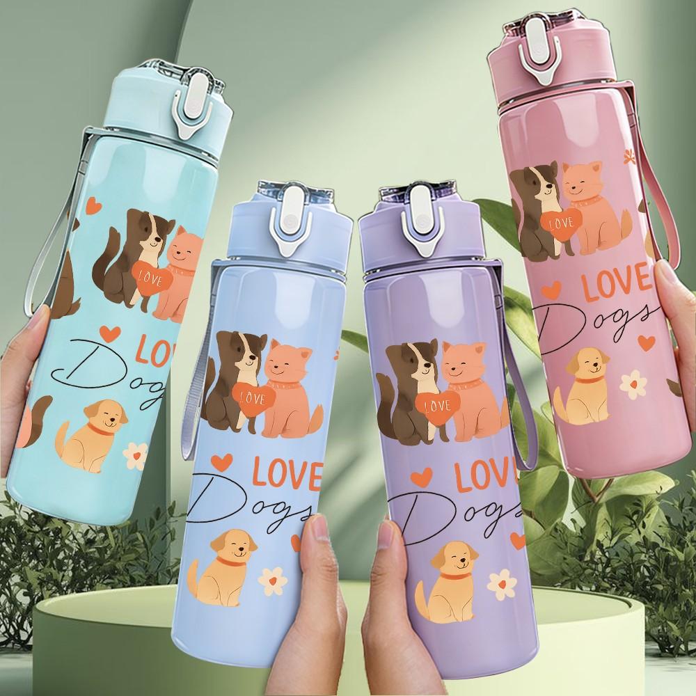 1PC Love Dog Cat Sticker Pack 750ml Color Plastic Sports Water Bottle Leakproof Flip Straw Lid Suitable for Sports Office Home Use
