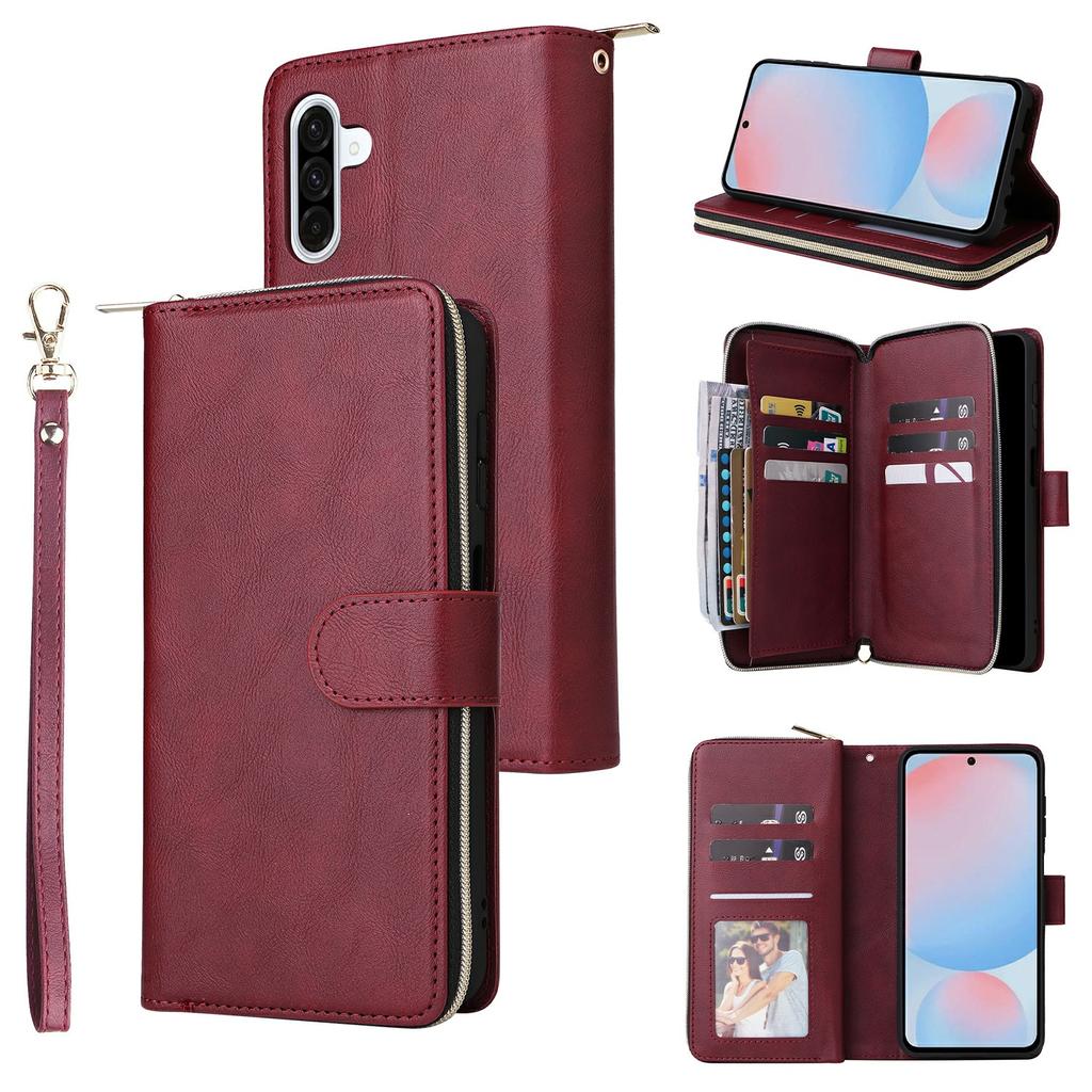 For Samsung Galaxy A37 5G Case Zipper Pocket 9 Card Slots PU Leather Phone Cover with Hand Strap