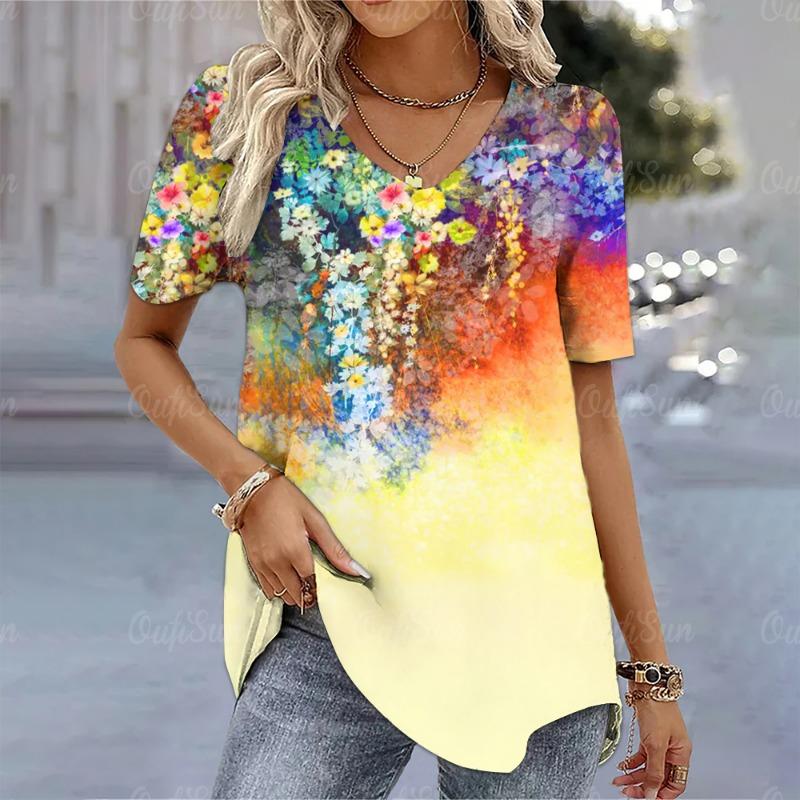 

Винтажная женская футболка с 3D цветочным узором, женская одежда, летняя блузка большого размера с v-образным вырезом, женская блузка в стиле Харадзюку, повседневные топы с короткими рукавами 2XL