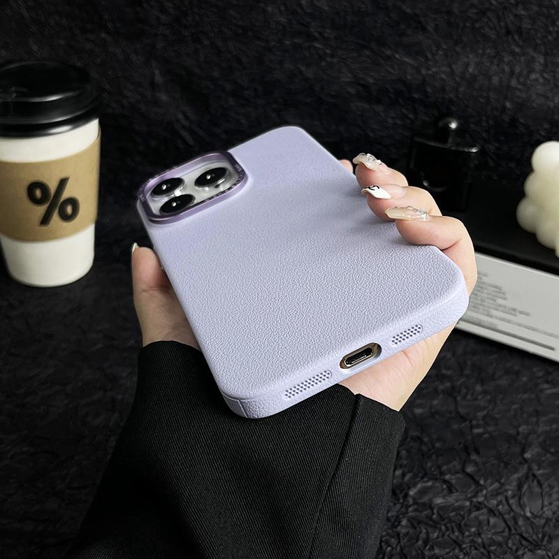 Matte Titanium gray Lichee leather pattern phone case for iPhone 16 15 14 13 12 11 Pro Max metal lens frame shockproof hard case