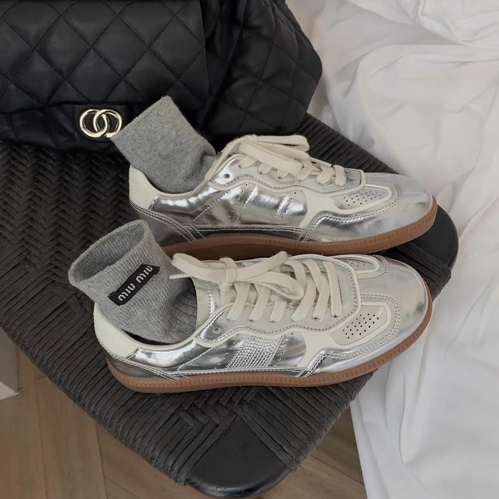Silver platform mesh breathable moral training shoes women's 2025 spring niche round head lace-up casual sports Forrest Gump board shoes