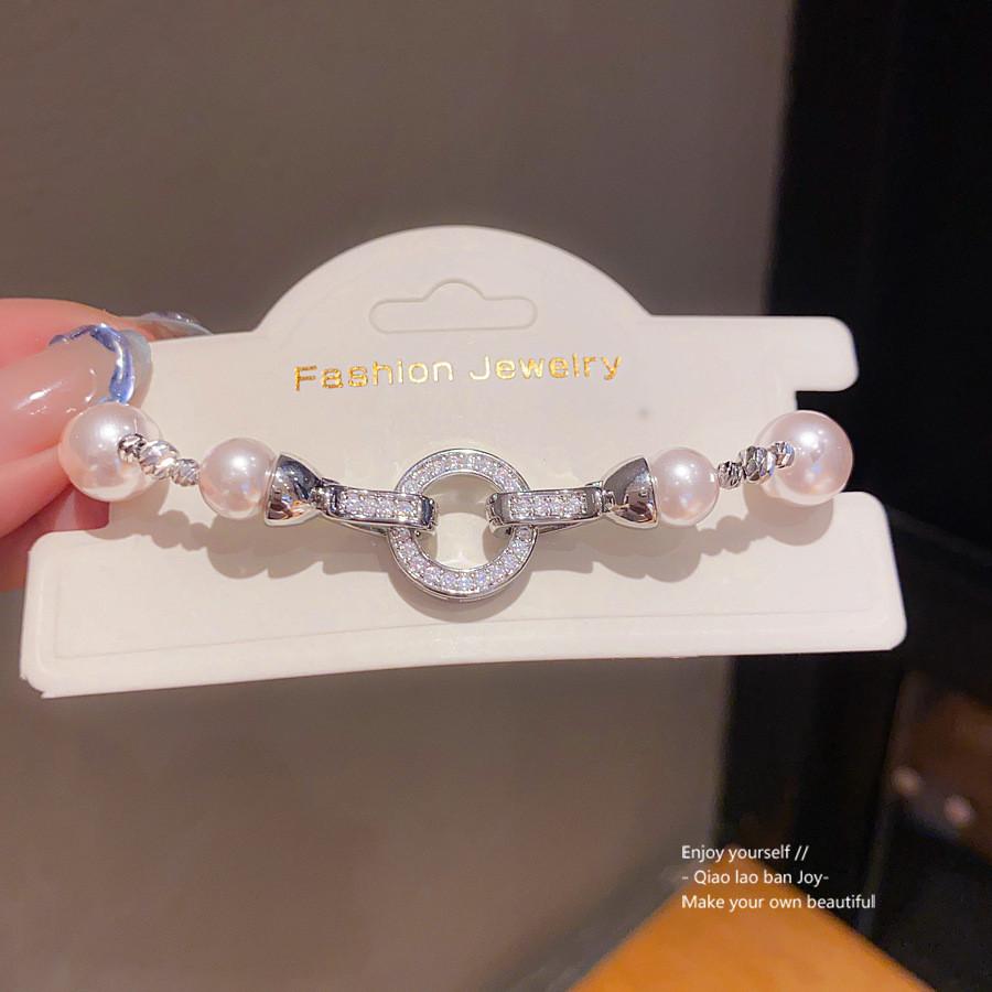 Geometric Zircon Artificial Pearl Bracelet With Silver Finish For Womens Fashion Accessories