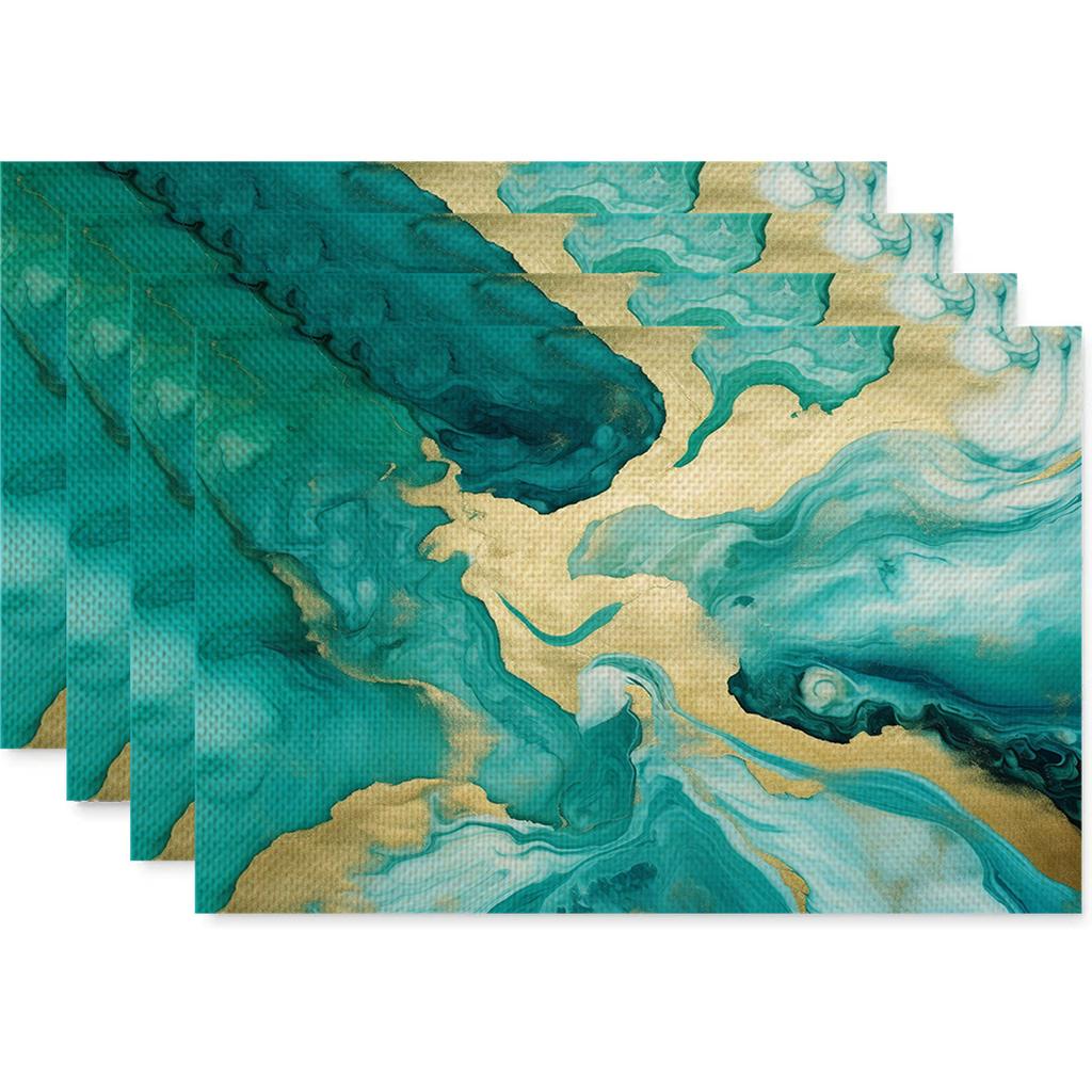 Anti Fouling and Heat-insulating Table Mat 4PC Placemat Watercolor Marble Printed Fabric Linen Placemat  Western Style Placemat