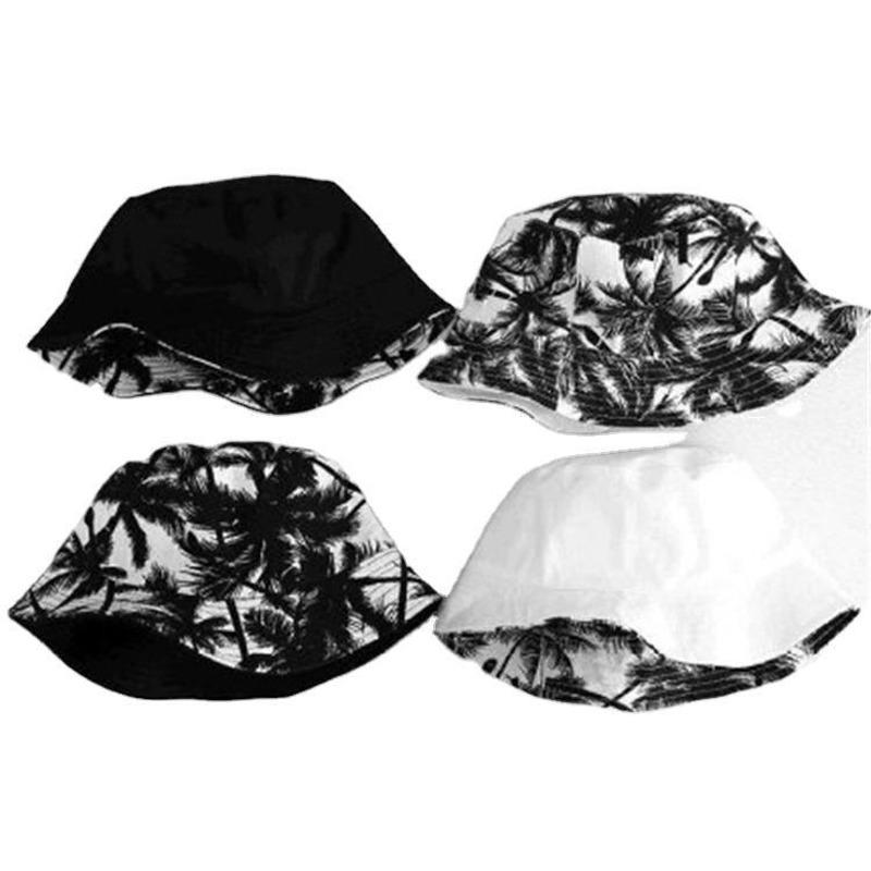 Unisex Summer Printed Bucket Hats Coconut Tree Black White Reversible Fisherman Caps Men Sunscreen Fold Hip Hop Panama Bob Hat