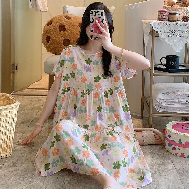 Cotton and silk nightgown women's summer thin short-sleeved cartoon printed pajamas can be worn outside long large size loose knee pajamas
