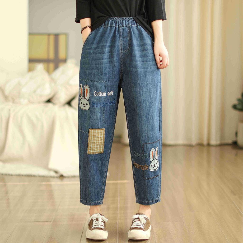 Jarní a letní dámské ležérní harémové kalhoty vyšívané dámské zkrácené kalhoty volné plus size džíny dámské