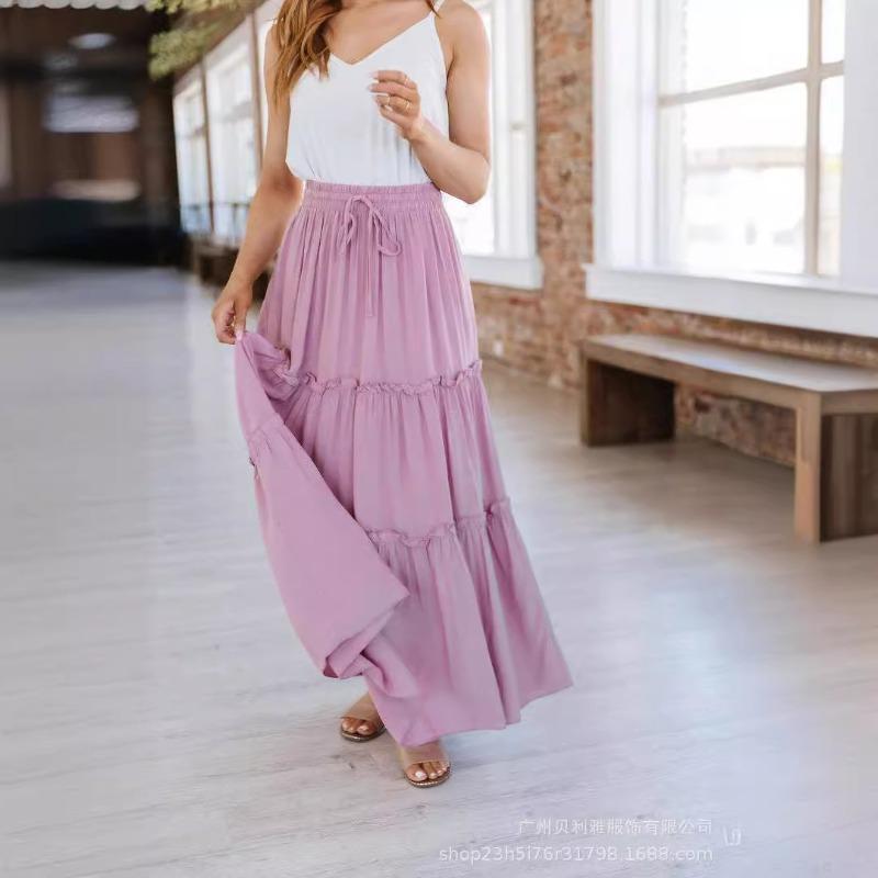 Spring and Summer Rubber Band High Waist Human Cotton Solid Color Su Pleated Splicing Simple Versatile Women's Skirt