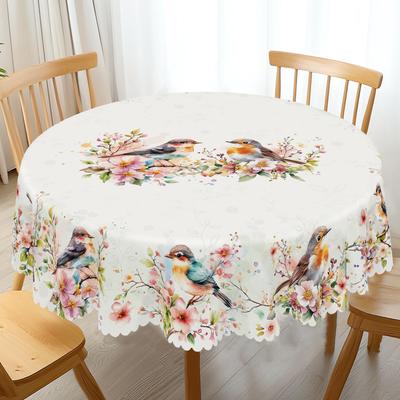 1 Pezzo di Tovaglie Rotonde e Rettangolari con Fiori di Primavera e Uccelli, Disponibili in Varie Misure, Tovaglietta Decorativa Stampata con Motivo Fiori di Primavera e Uccelli