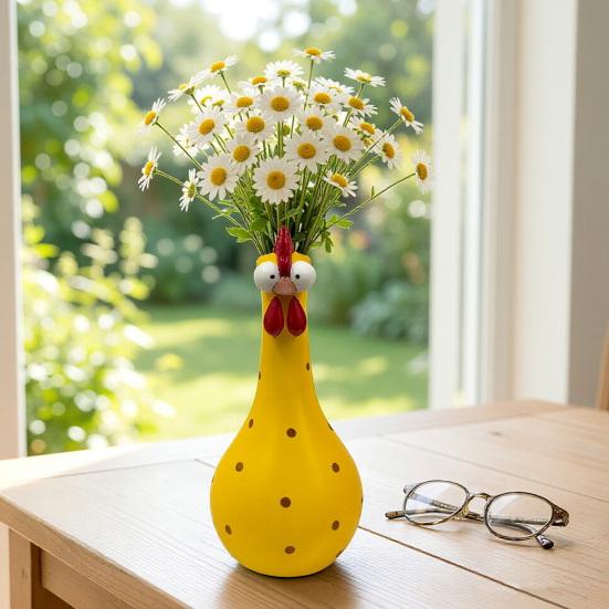 Long Neck Colorful Chicken Statue, Big Eye Cartoon Resin Rooster Vase, Funny Outdoor Cock-Shaped Vase for Lawn, Yard, Office, Home Decor