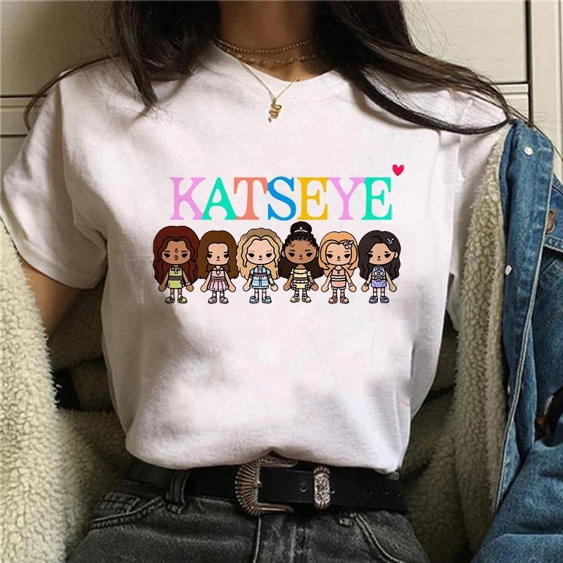 Womens Katseye Print Casual T Shirt Gothic Y2k Tshirt Women Korean Style Graphic Tee Tops Crew Neck Short Sleeve Tshirt Clothes
