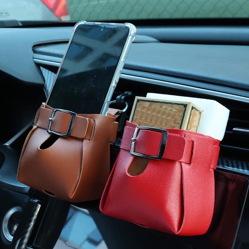 Car Air Outlet Storage Bag Automatic Air Vent Hanging Multifunctional Storage Holder Portable Leather Item Organizer Storage Bag