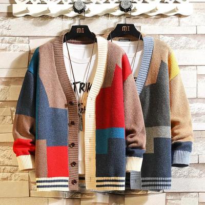 The  Men's Colorful Sweater Cardigan Splicing V-neck Knitwear Large Size Jacket