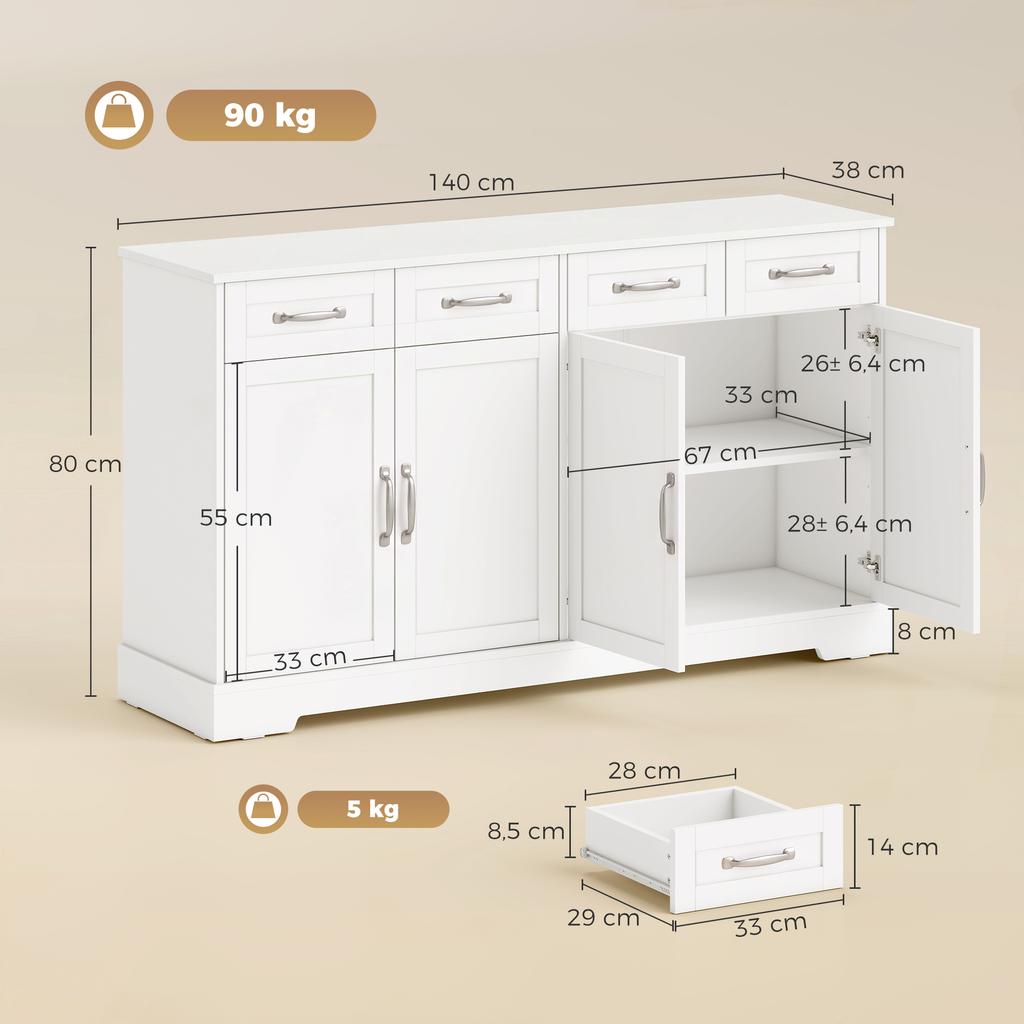 Buffet Cuisine 4 Tiroirs 4 Portes Style Shaker 140x38x80cm Blanc