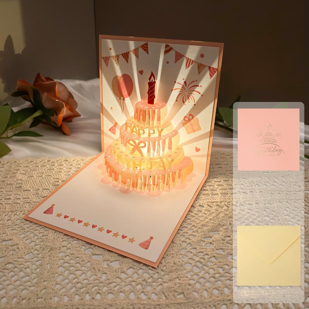 Alles Gute zum Geburtstag 3D Musik Leuchtende Karten mit Umschlag Musik Licht Leuchtender Kuchen Grußkarte Faltbare Pop-Up Geburtstagskarten