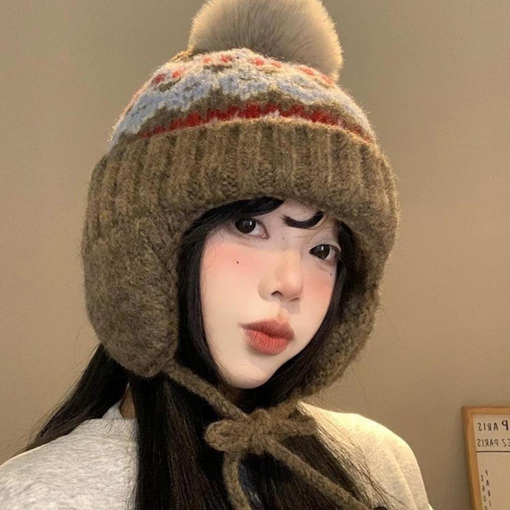Cappello lavorato a maglia stile Fair Isle per donna, berretto invernale caldo con jacquard etnico, protezione per le orecchie, berretto per bambina, anti-freddo, paraorecchie da Sci sulla Neve, berretto