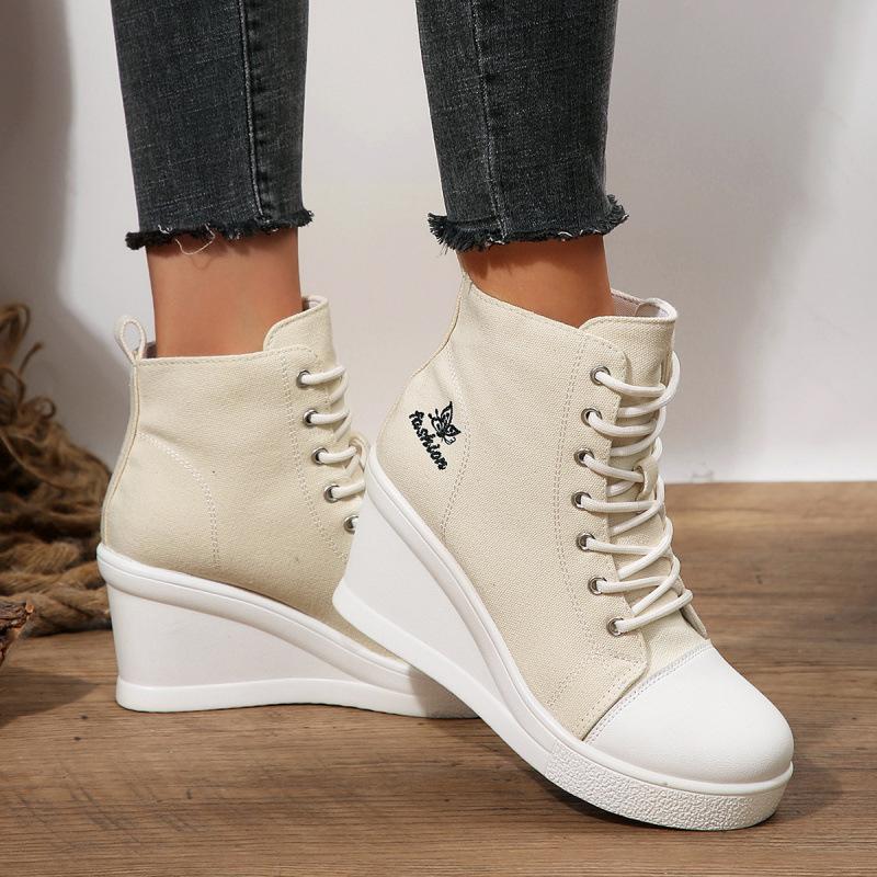 Large size canvas shoes wedge heel lace-up spring new casual high-heeled canvas shoes