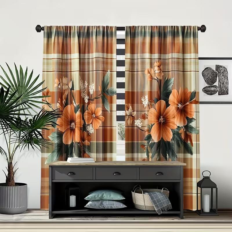 2Pcs Retro checkered flower print curtains,suitable for bedroom,living room kitchen decoration,home decoration,window decoration