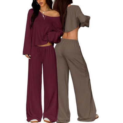 Off Shoulder Long Sleeve Top Wide Leg Floor Length Pants Sexy Casual Set For Women