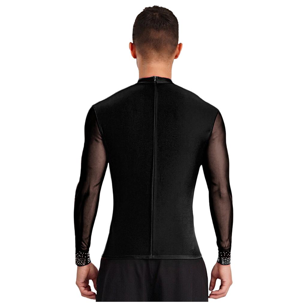 Mens Latin Dance Top Sheer Mesh Patchwork Shiny Rhinestone Mock Neck Long Sleeve T Shirt Stage Performance Blouse