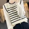 Women's fake two-piece knitted sweater spring new long-sleeved retro striped pullover top