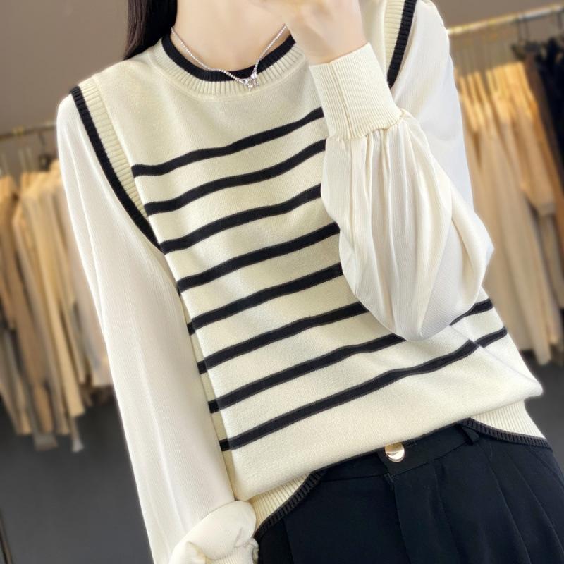 Women's fake two-piece knitted sweater spring new long-sleeved retro striped pullover top