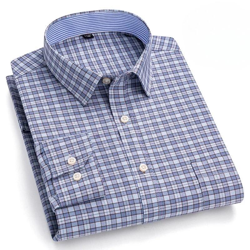 Men's Oxford Shirts Long Sleeve 100% Cotton Casual Plaid Soft Regular Fit Formal Dress Shirt Social Blouse Male Clothes