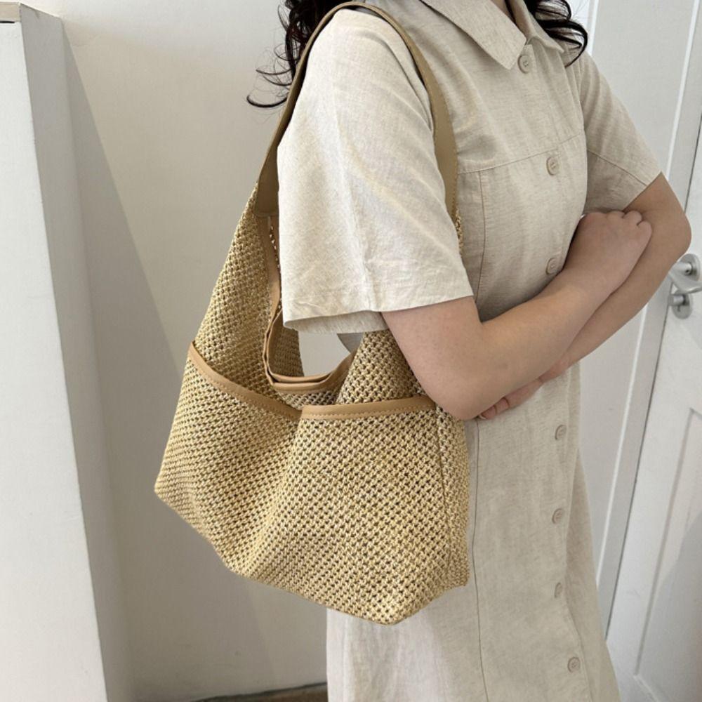 Large Capacity Straw Shoulder Bag with Pocket Underarm Tote Bag Trendy Woven Handbag  Outdoor