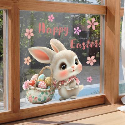 Cartoon Bunny Easter Egg Flower Window Static Sticker For Happy Easter Day Home Festival Party Decorations Sticker